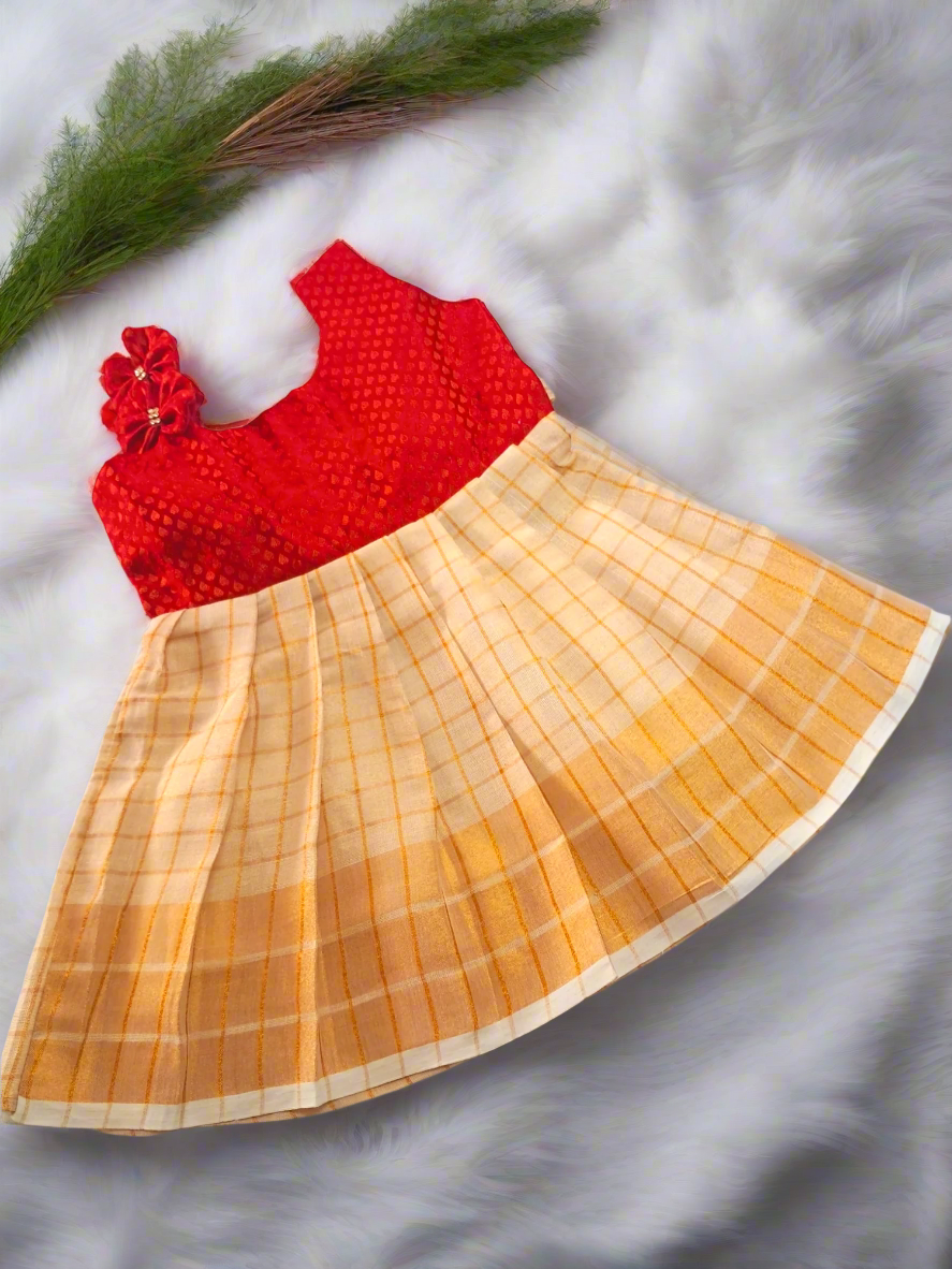 Kerala Kasavu tissue frock with Rani Pink Banarasi silk top, shoulder bows, and stone work - traditional kids ethnic wear for Onam and Diwali"