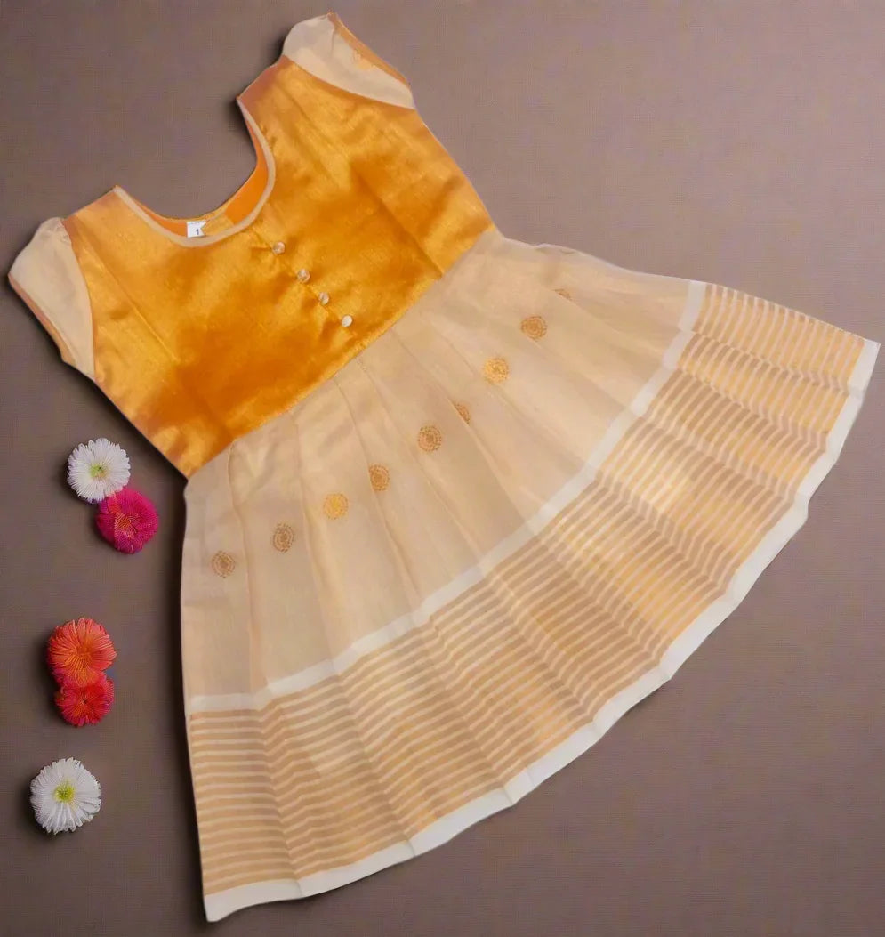 Kerala Kasavu Tissue Frock with Gold tissue Banarasi Silk Top – Girls Pattu Pavadai Kids Ethnic Wear for Weddings and Festivals"