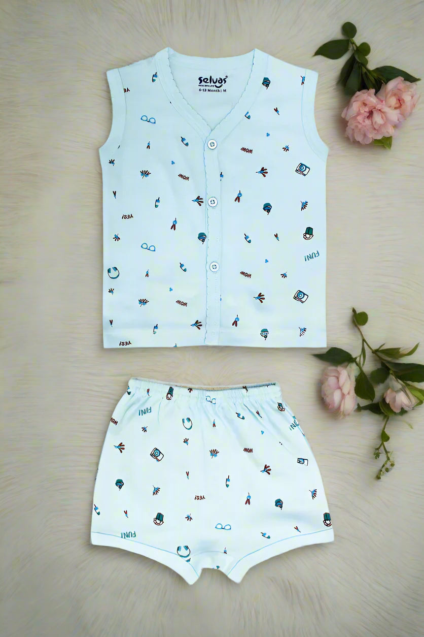 Baby boys Blue cotton printed sleeveless vest and shorts set for 0-3 months with fun summer prints