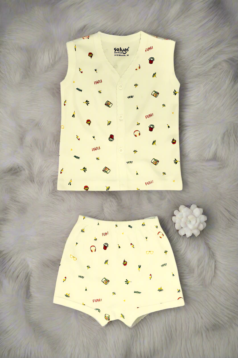 Baby boys cotton printed sleeveless vest and shorts set for 0-3 months with fun summer prints