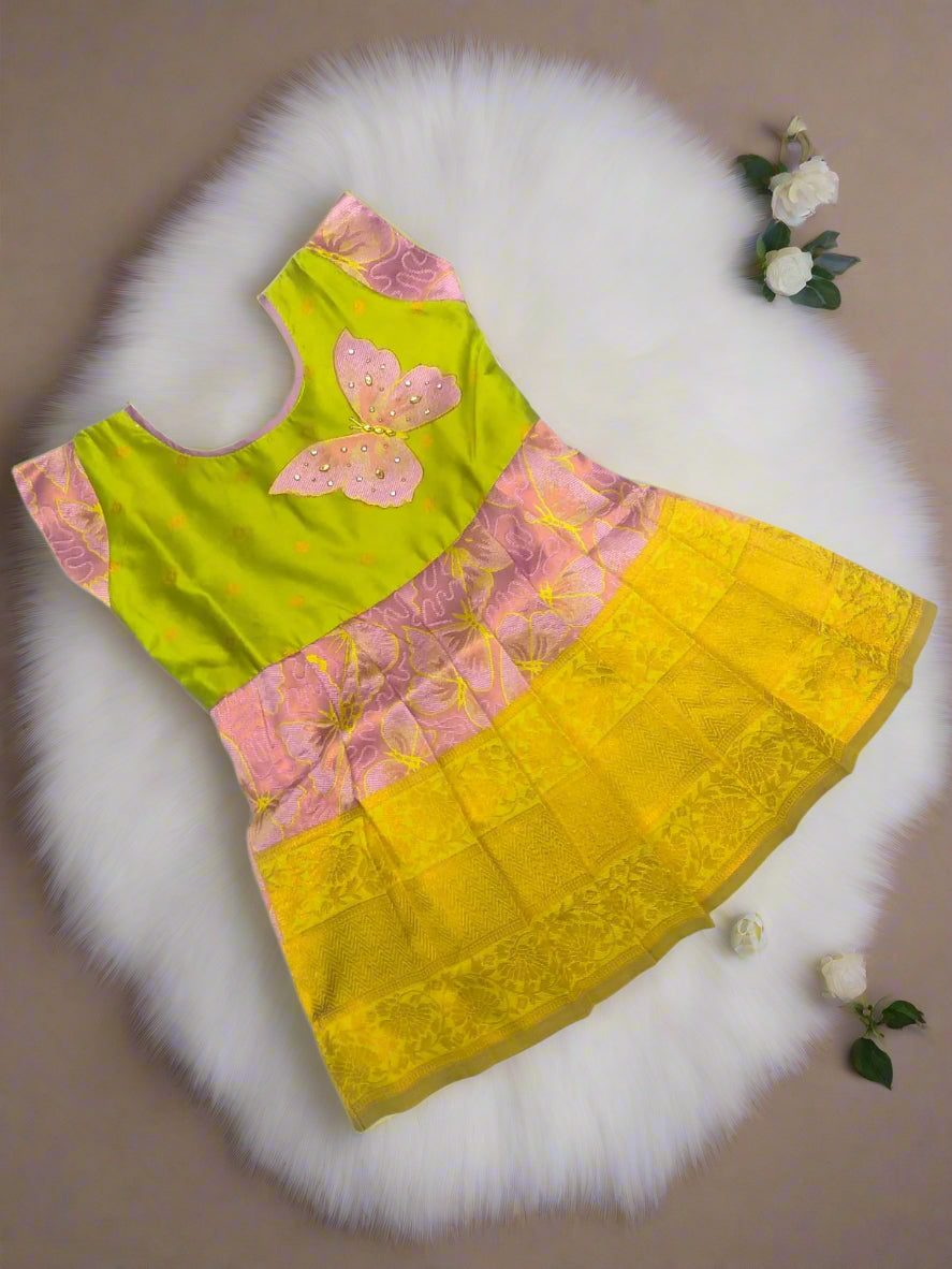 Banarasi silk frock for baby girl in Parrot green and pink with butterfly design and 3D kundan work for 0–3 years