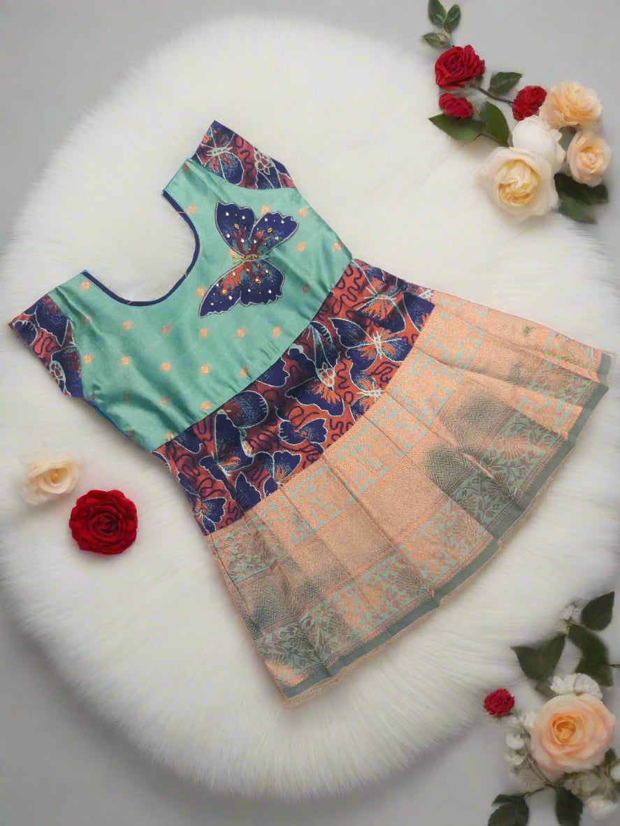 Banarasi silk frock for baby girl in navy blue and teal with butterfly design and 3D kundan work for 0–3 years