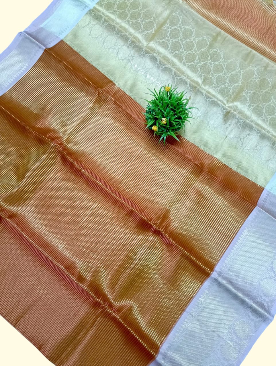 Golden Banarasi Peach tissue silk saree with rich zari border and blouse – celebrity inspired party wear saree for weddings and receptions