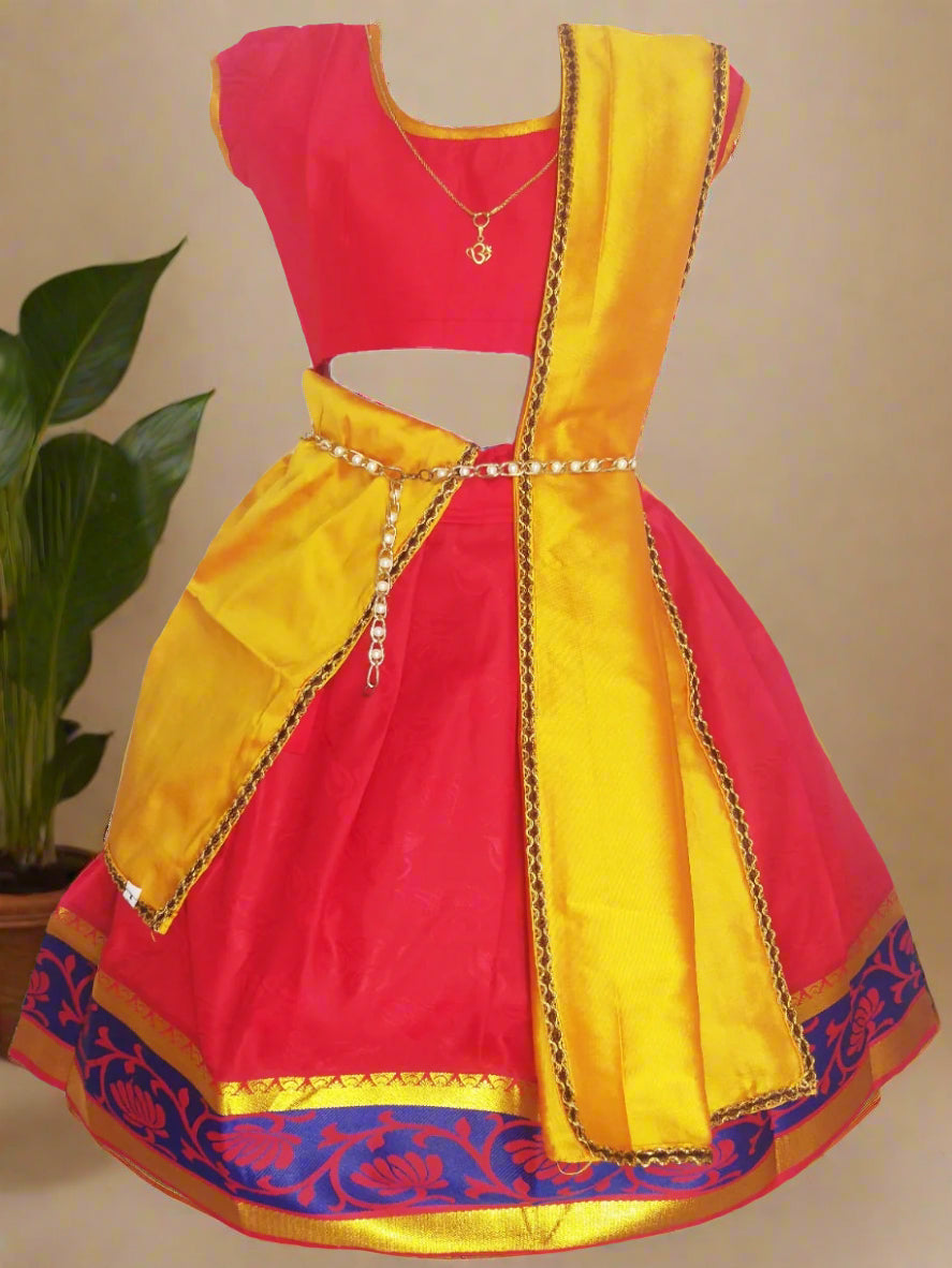 Girls traditional red and yellow silk half saree with blue zari border and golden dupatta