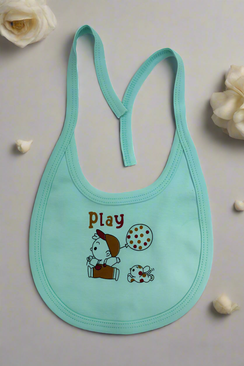 Soft Mint cotton baby bib with cartoon print and tie-up straps for newborn feeding