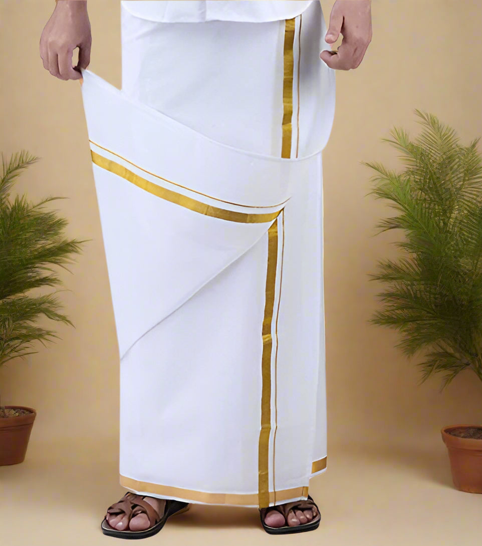 Men's Premium Cotton Dhoti with Gold Zari Border – Traditional 3.60 Meter South Indian Ethnic Wear