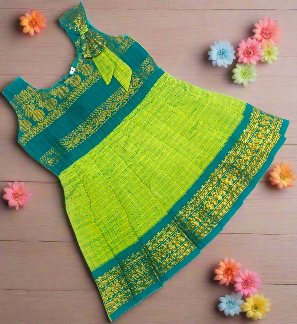 Parrot Green with Teal Kalyani Gadwal Cotton Checked Frock