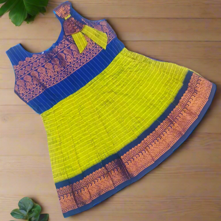 Parrot Green with Blue Kalyani Gadwal Cotton Checked Frock