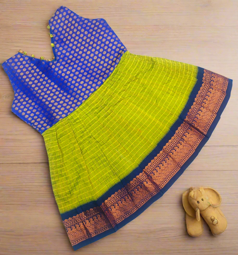 Blue with Parrot Green Kalyani Gadwal Cotton Checked Frock