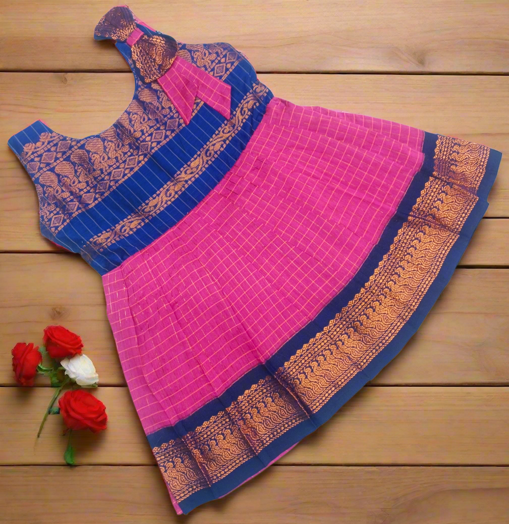 Blue with Rani Pink Kalyani Gadwal Cotton Checked Frock