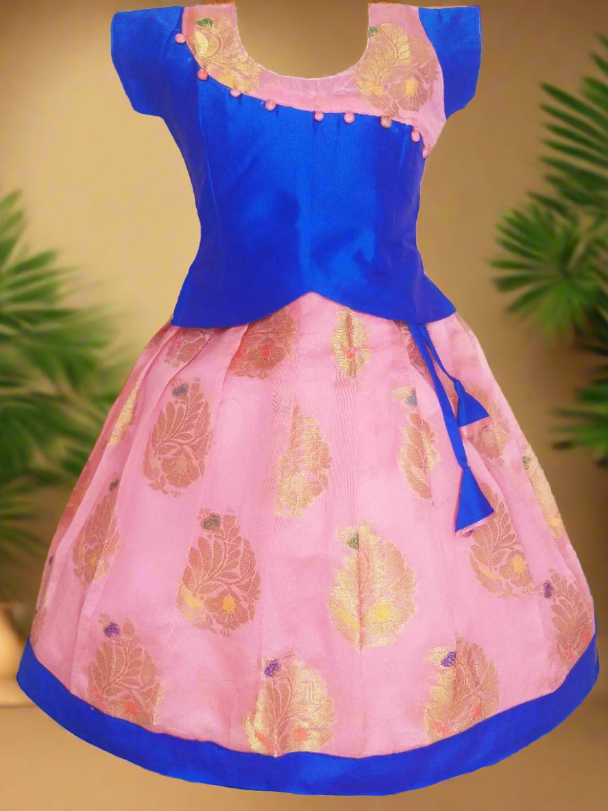 Girls Blue and Lime Green Chanderi Silk Pattu Pavadai Set with Golden Zari Work