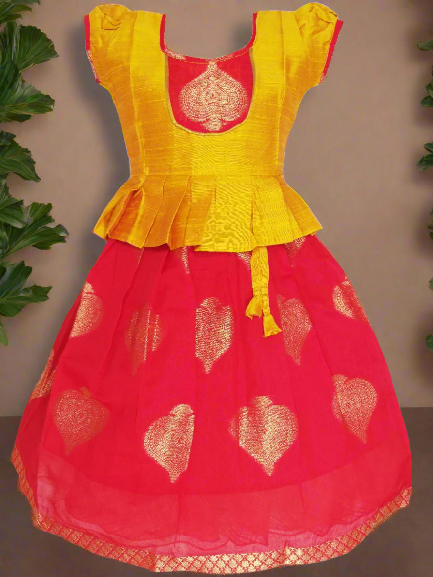 Girls Red And Gold Chanderi Pattu Pavadai with Blue Peplum Top and Puff Sleeves – Lotus Ethnic Traditional Kids Wear