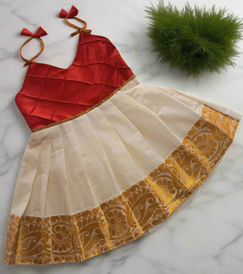 Kerala Kasavu cotton Tissue pintuck Frock