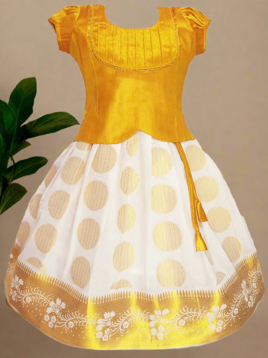 Girls Kerala Kasavu Cotton Cream Pattupavadai with Tissue Pintuck Work Blouse - LOTUS ETHNIC