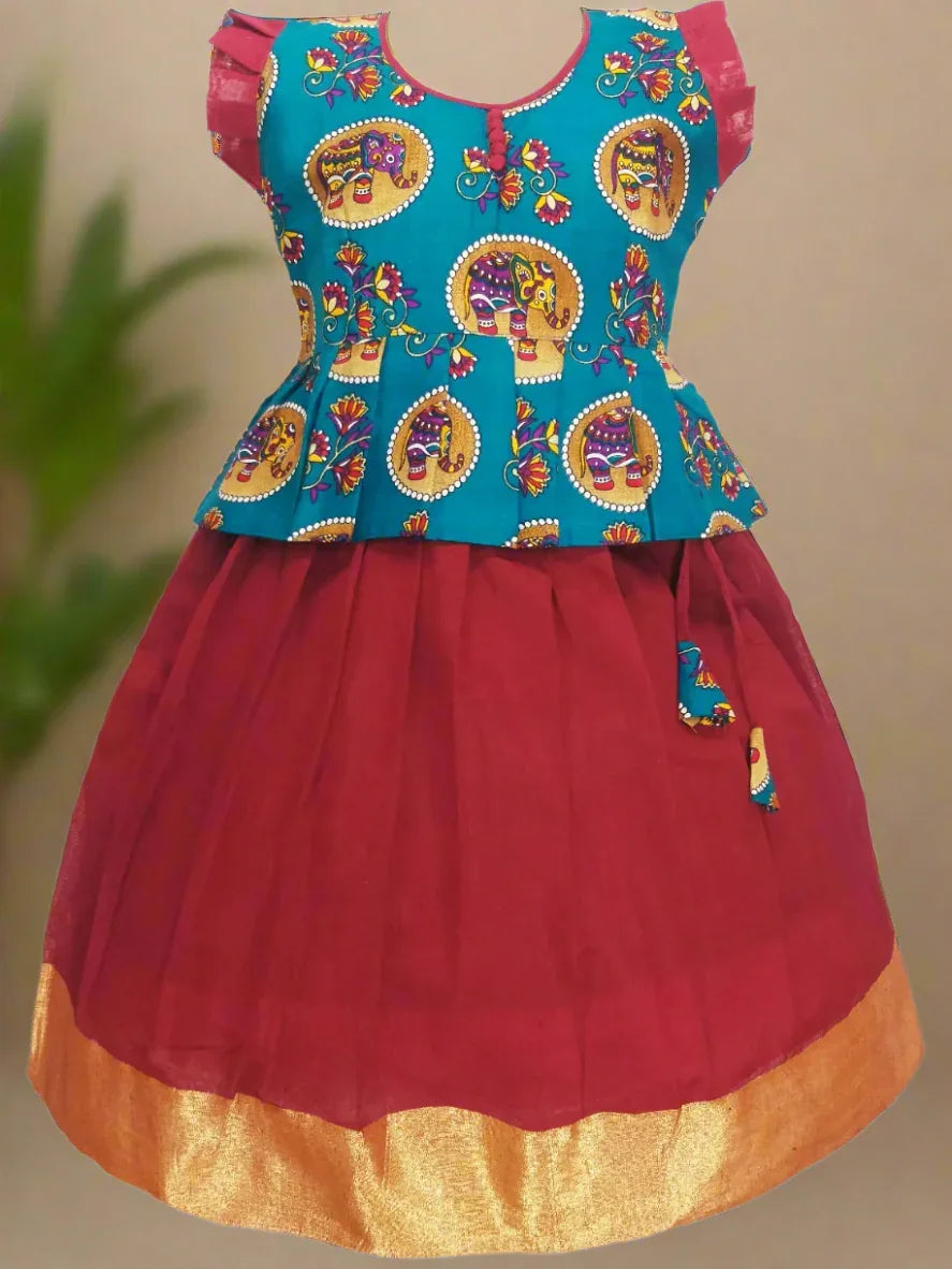 Girls Maroon Ikat Mercerised Pattu Pavadai