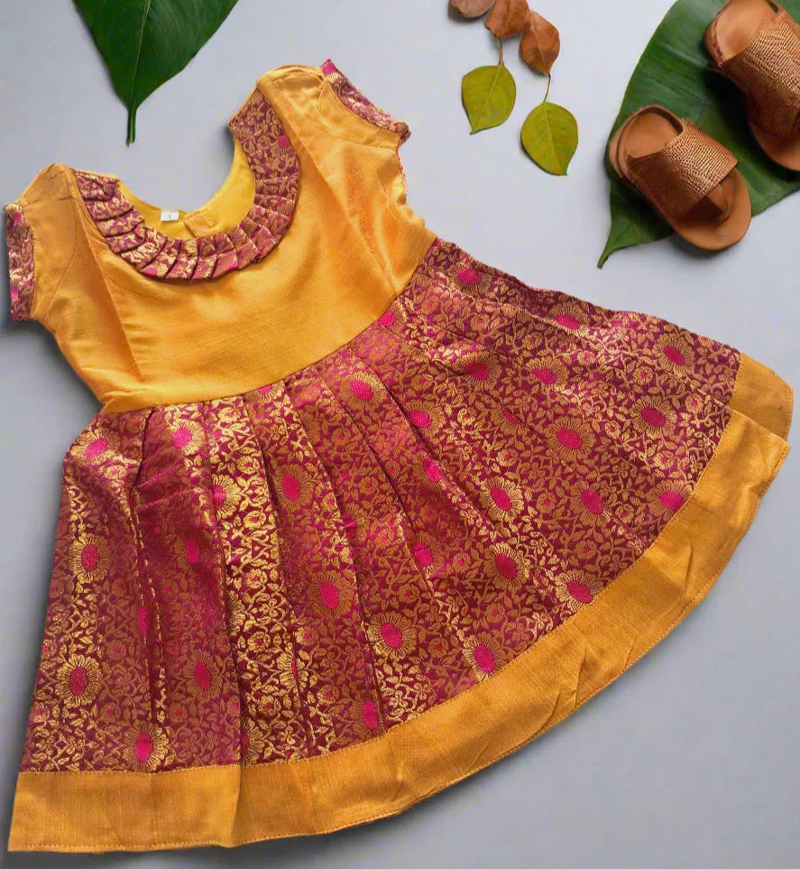 Baby Girl Banarasi Silk Frock Yellow and Maroon
Traditional Indian Dress for Kids Girls
Banarasi Frock for Baby Girl with Cotton Lining
Wedding and Festival Dress for Baby Girl India
South Indian Ethnic Dress for Baby Girl
