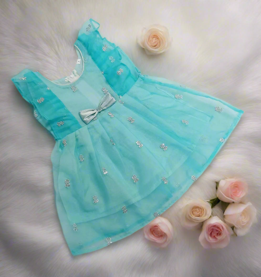 Aqua blue organza frock with silver floral design and bow for baby girls – party wear dress from Lotus Ethnic