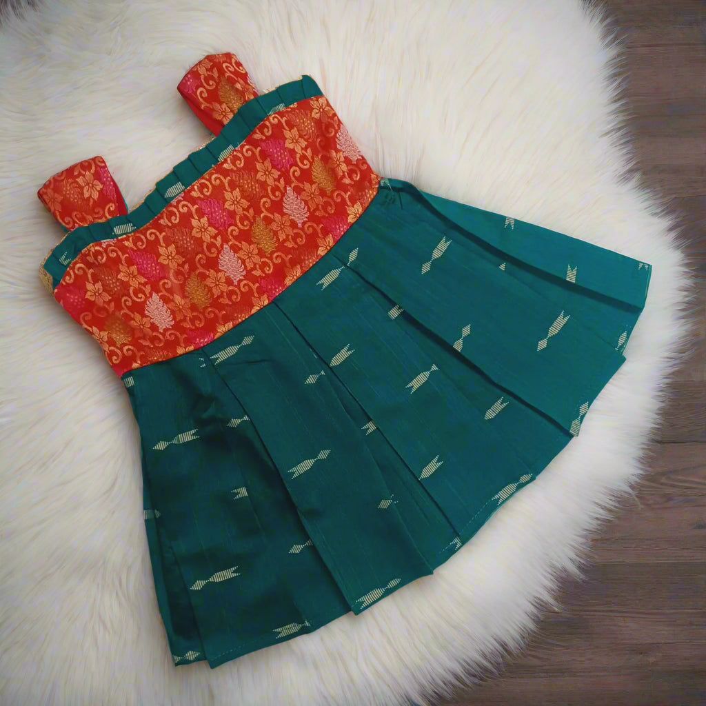Baby Girls Teal Green Cotton Jacquard designer frock