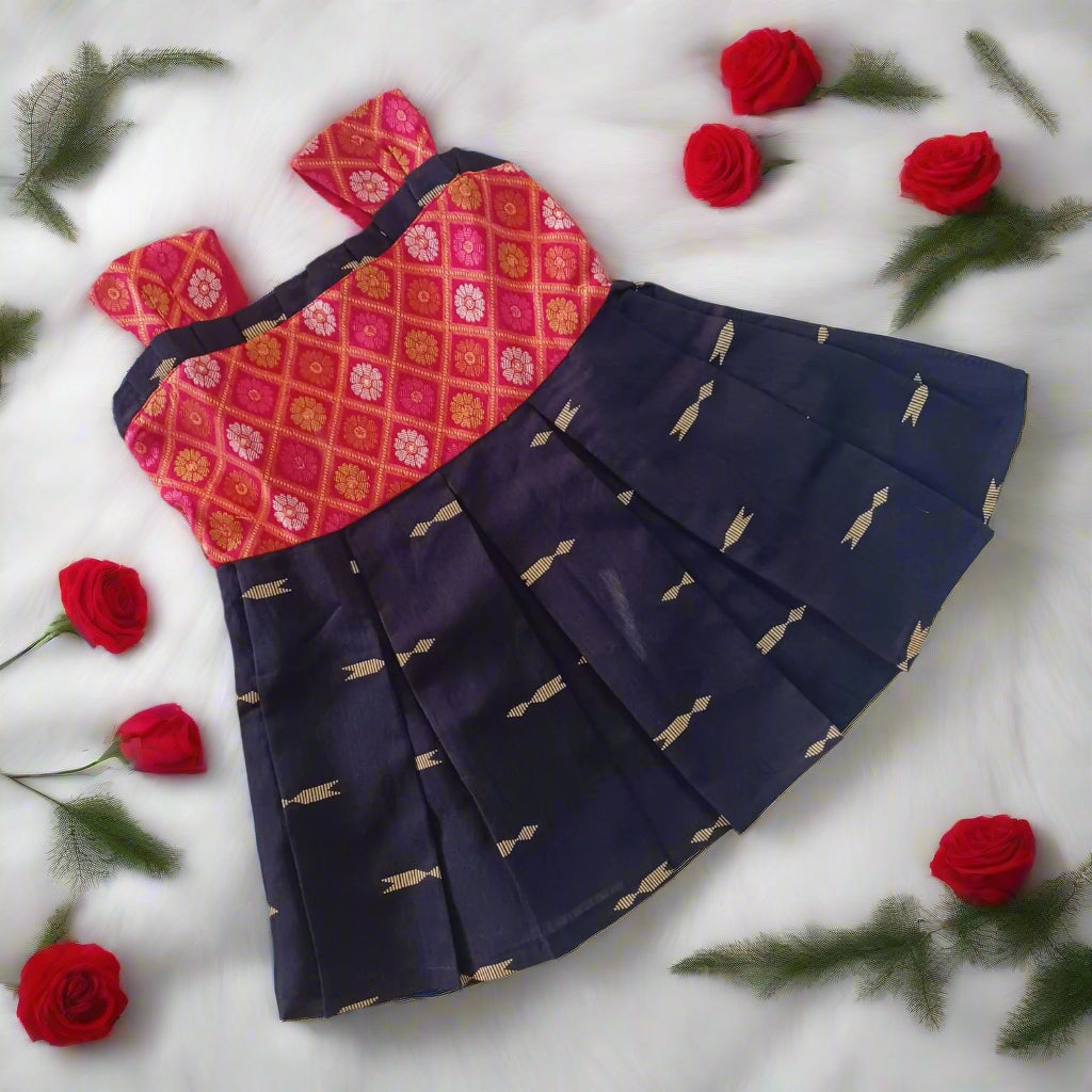 Baby Girls Navy Blue Cotton Jacquard designer frock