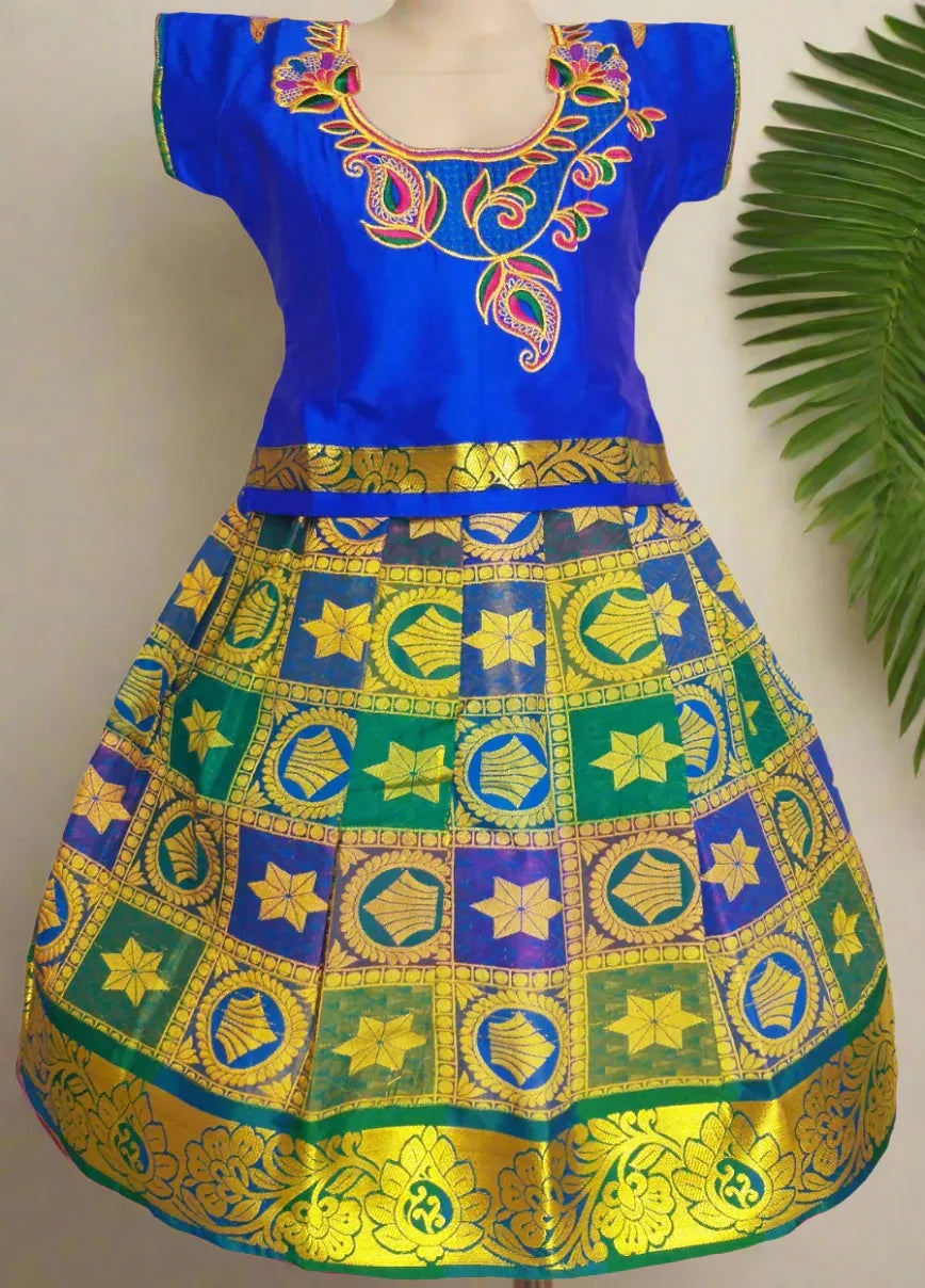 Girls Raw Silk Blue Embroided Pattu Pavadai