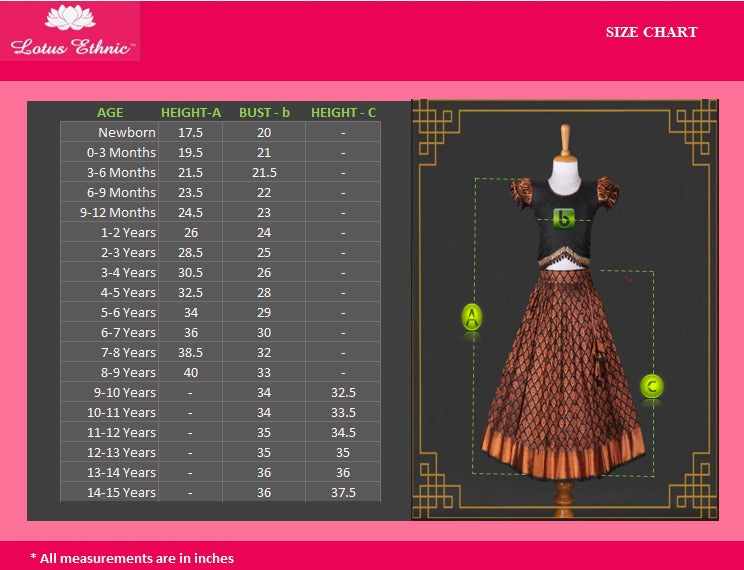 Size chart for children's clothing with a mannequin wearing a dress on a pink background