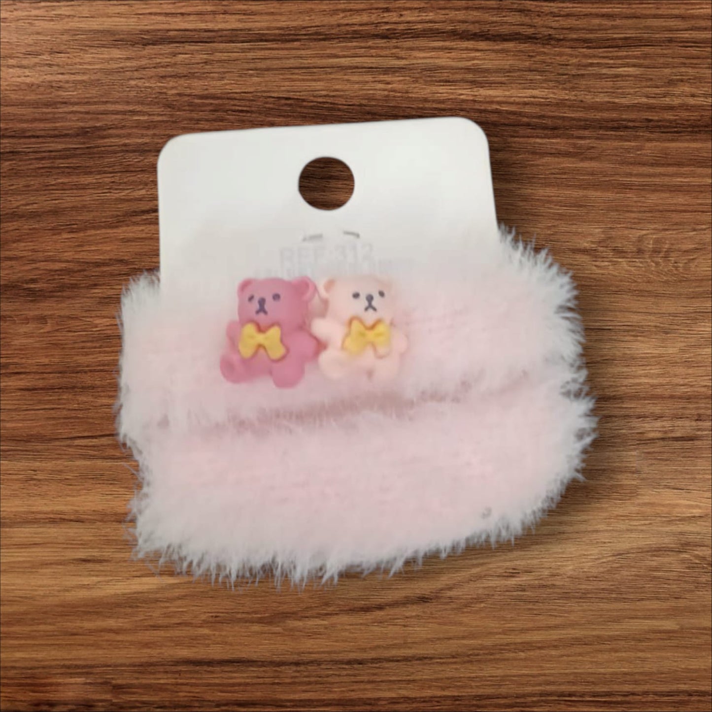 Fluffy Pink Hair Tie with Cute Bear Charms – Set of 2