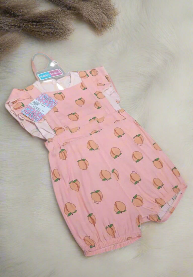 Soft Pink Baby Dungaree Set with Peach Fruit Print - Comfortable Summer Baby Outfit
