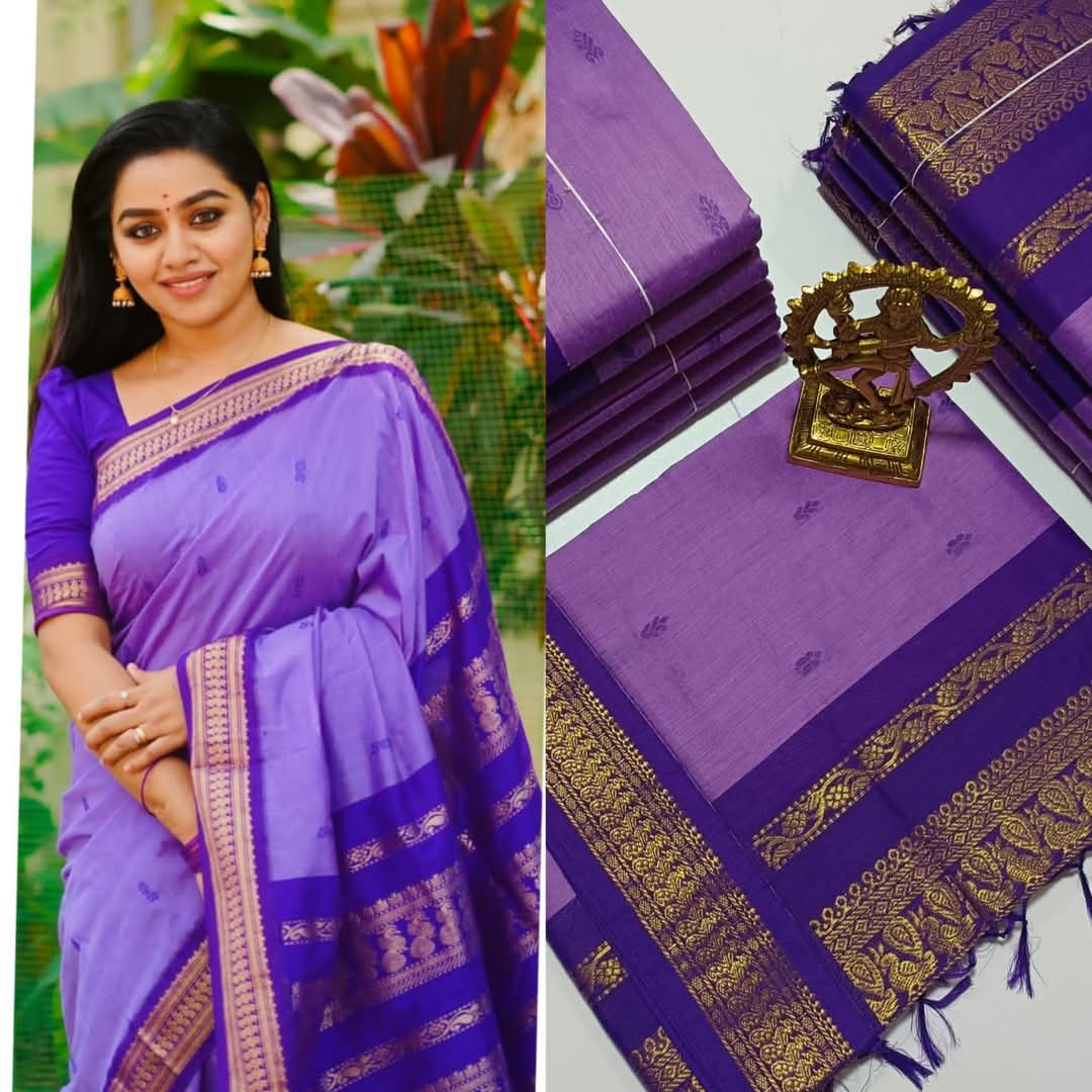 Elegant Kalyani Cotton Saree with Zari Border – Lavender with Blue