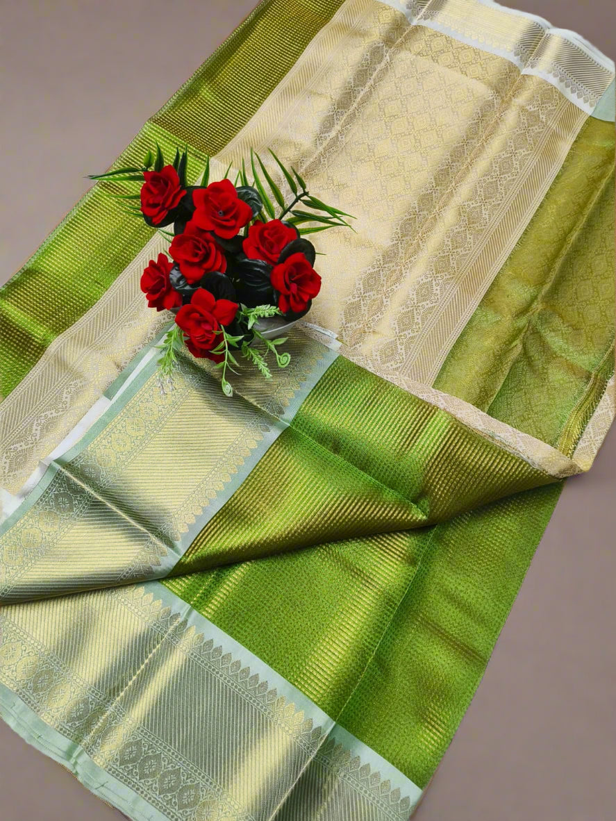 Golden Green Banarasi tissue silk saree with rich zari border and blouse – celebrity inspired party wear saree for weddings and receptions