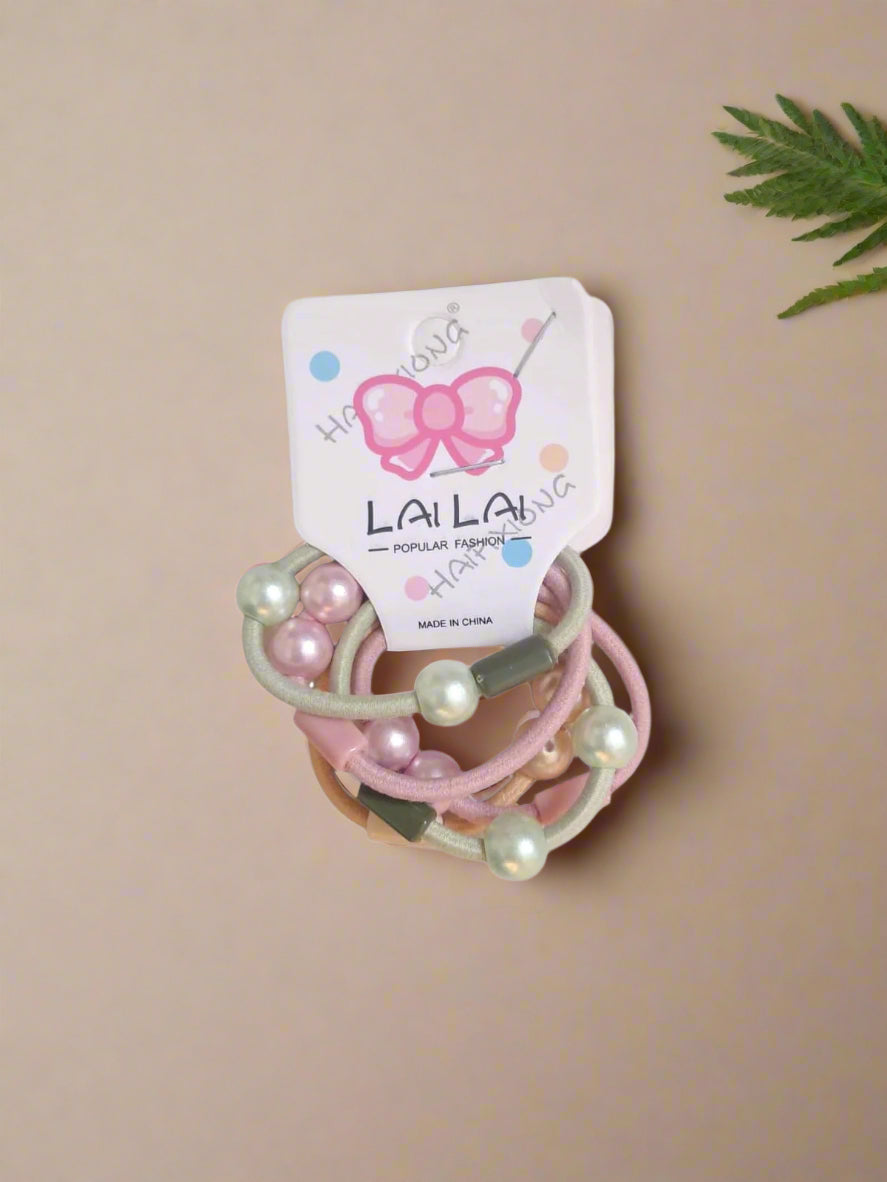 Set of 5 Girls Pearl Beaded Elastic Hair Ties in Pastel Pink and White for Ponytails and Braids