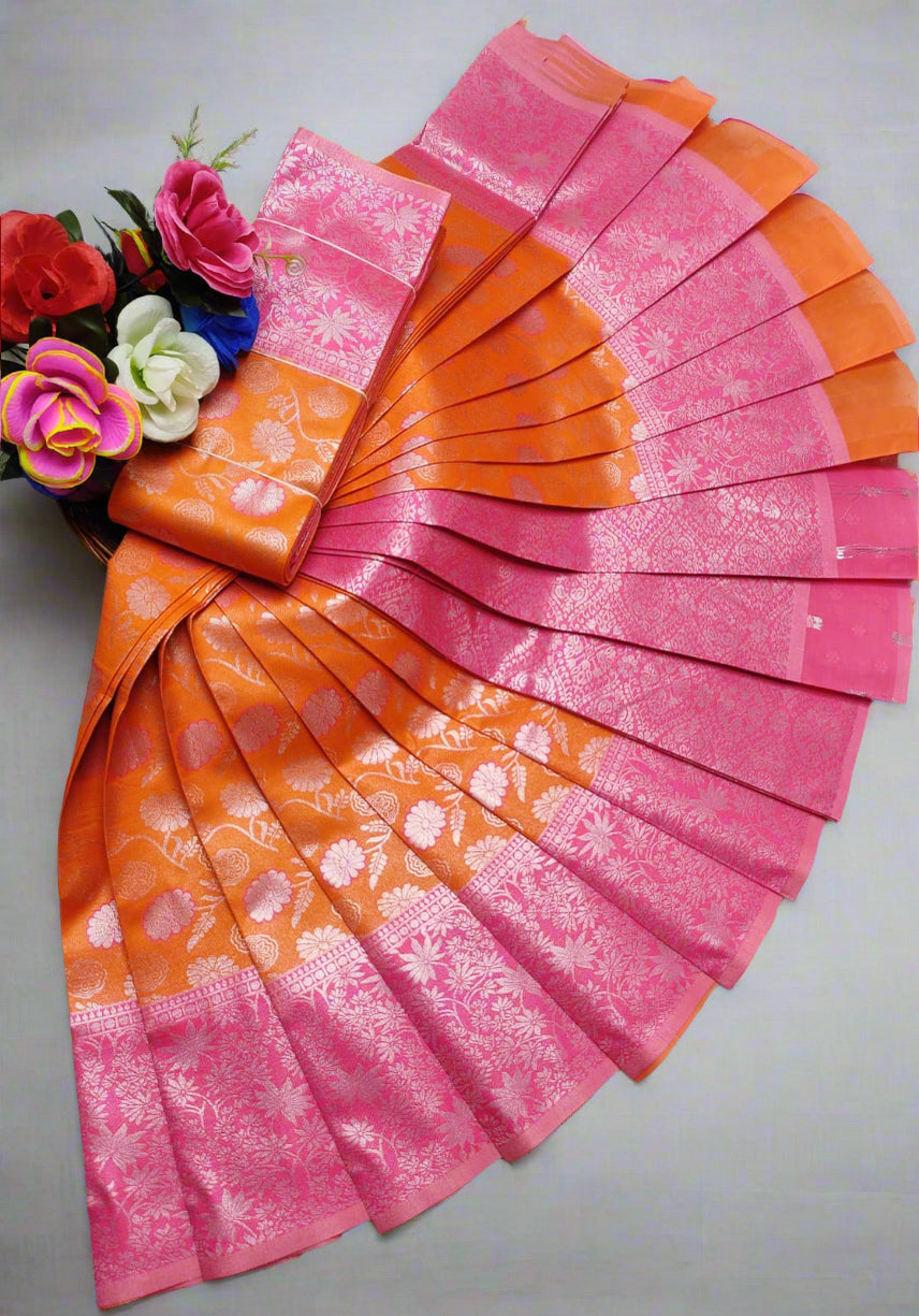 Banarasi semi silk saree with silver zari floral cutwork in Orange and pink β traditional Indian wedding wear with contrast border