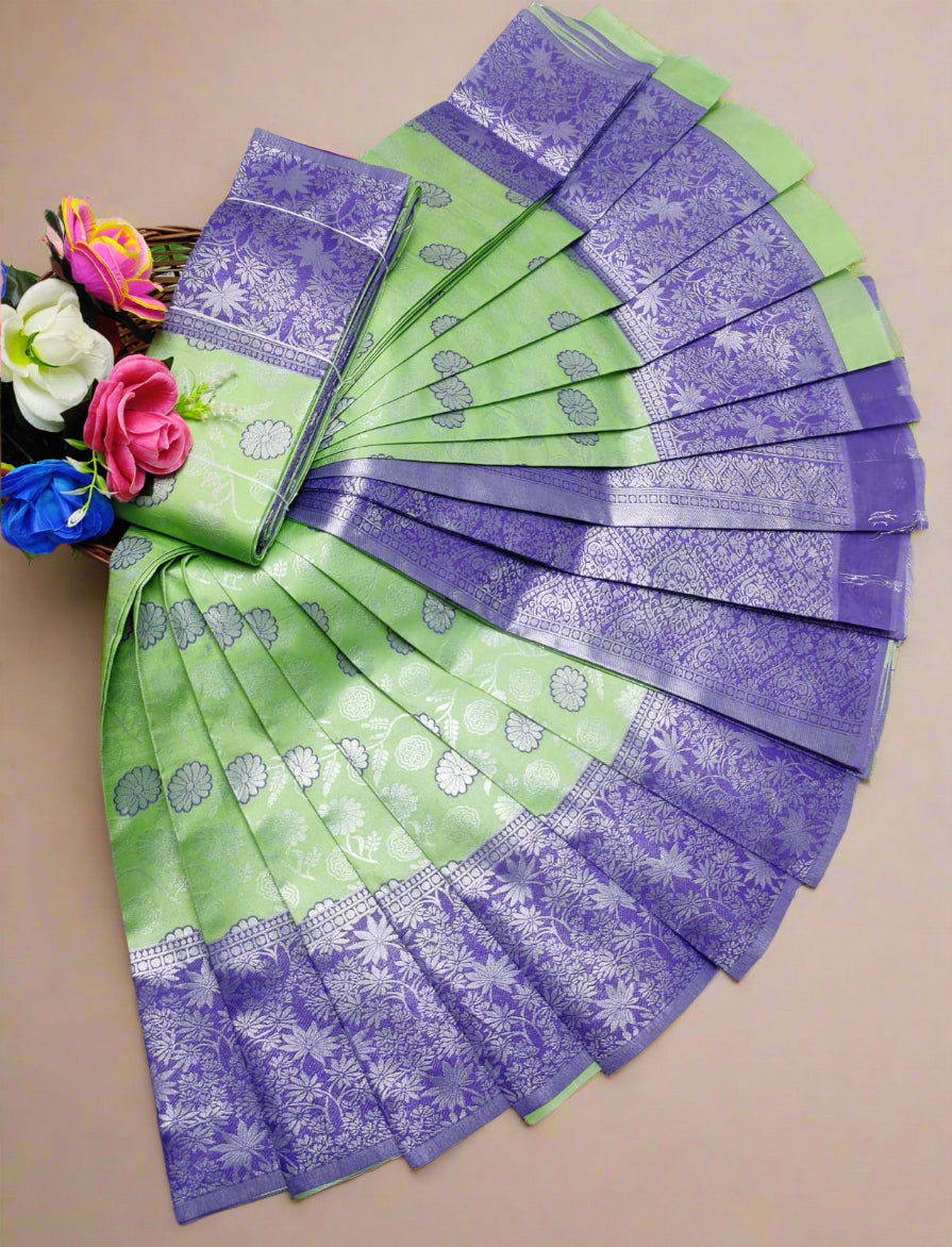 Banarasi semi silk saree with silver zari floral cutwork in parrot Green & Blue – traditional Indian wedding wear with contrast border