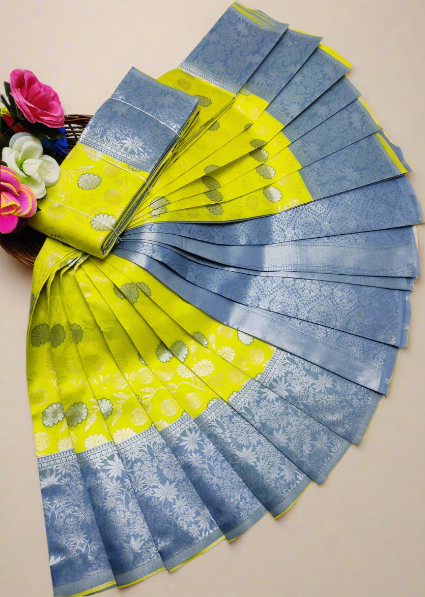 Banarasi semi silk saree with silver zari floral cutwork in parrot green and Blue – traditional Indian wedding wear with contrast border