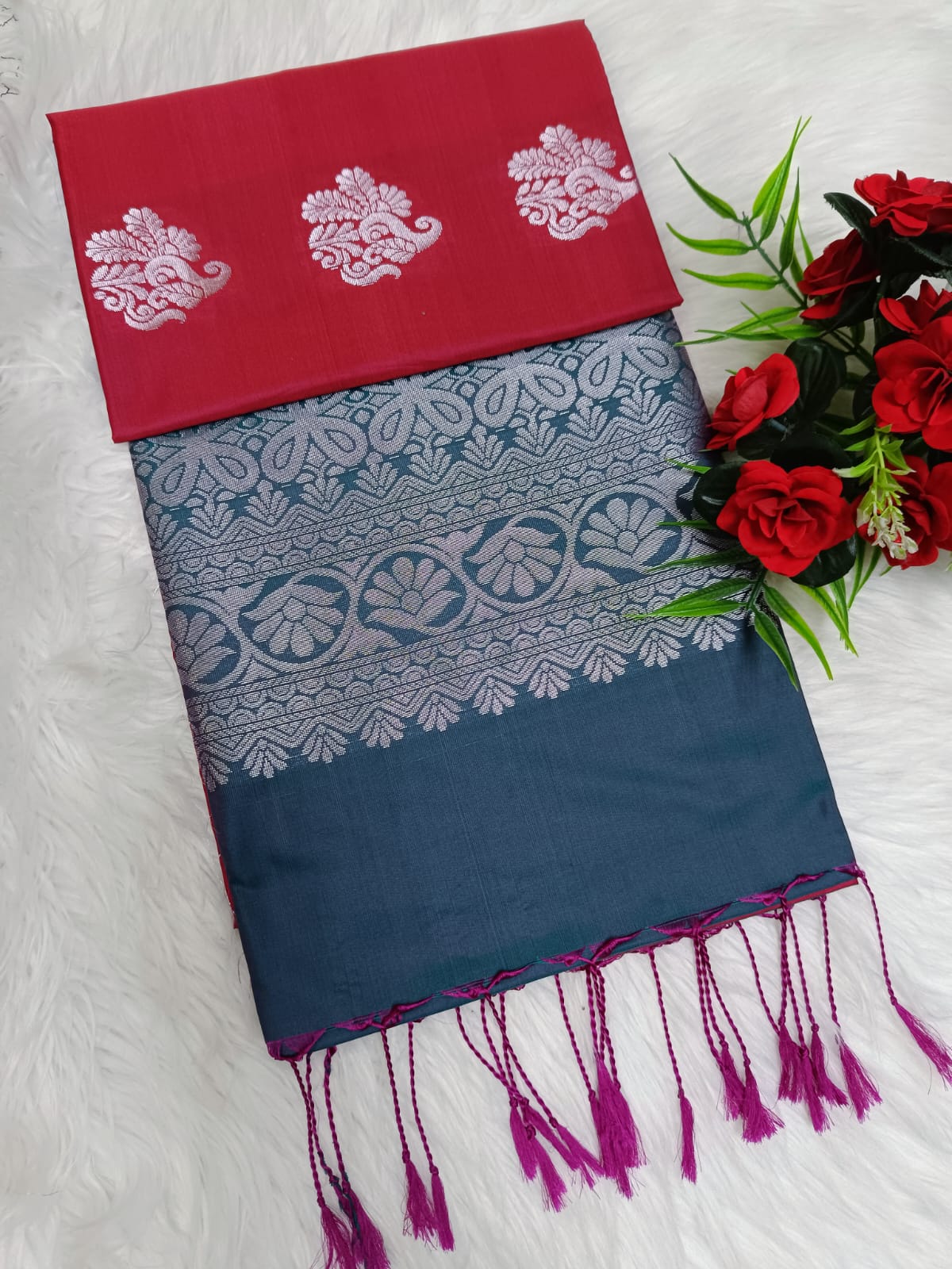 Elegant Maroon Soft Silk Saree with Peacock Blue Zari Pallu & Tassels | Wedding & Party Wear Saree