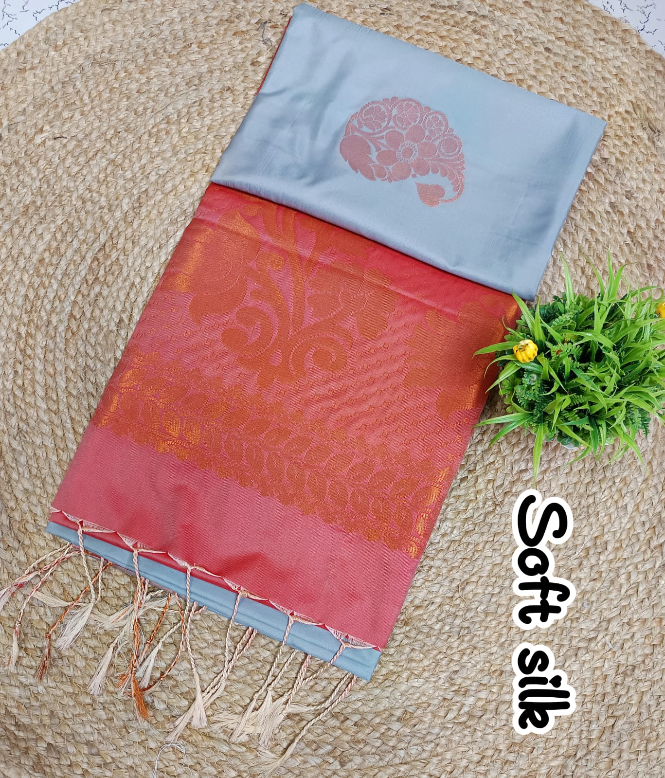 Elegant Sea Blue Soft Silk Saree with Peach Zari Pallu & Tassels | Wedding & Party Wear Saree
