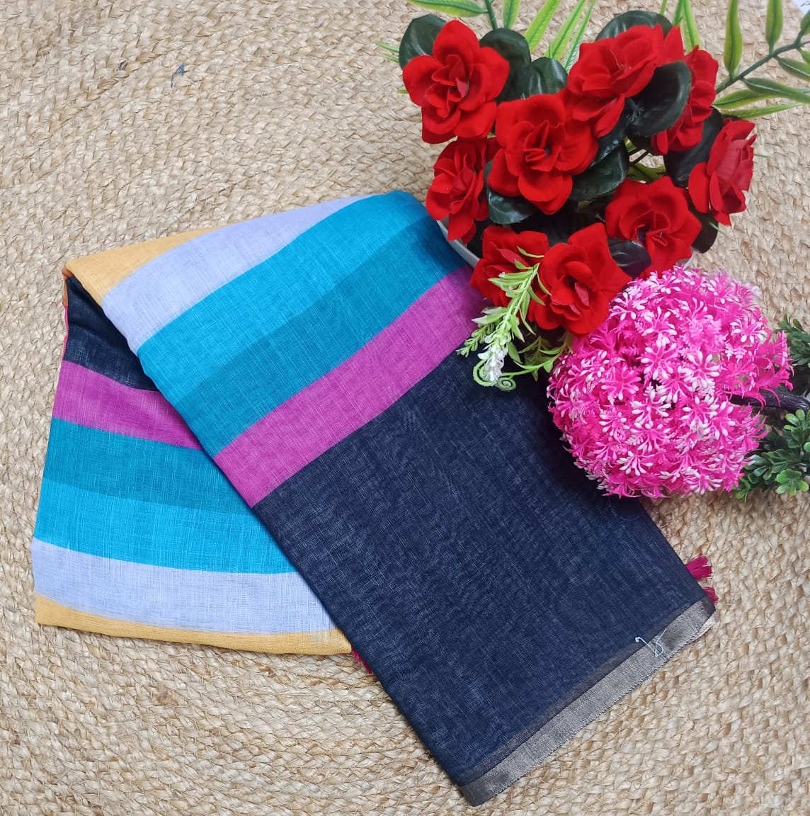 Black rainbow striped office wear linen digital printed saree