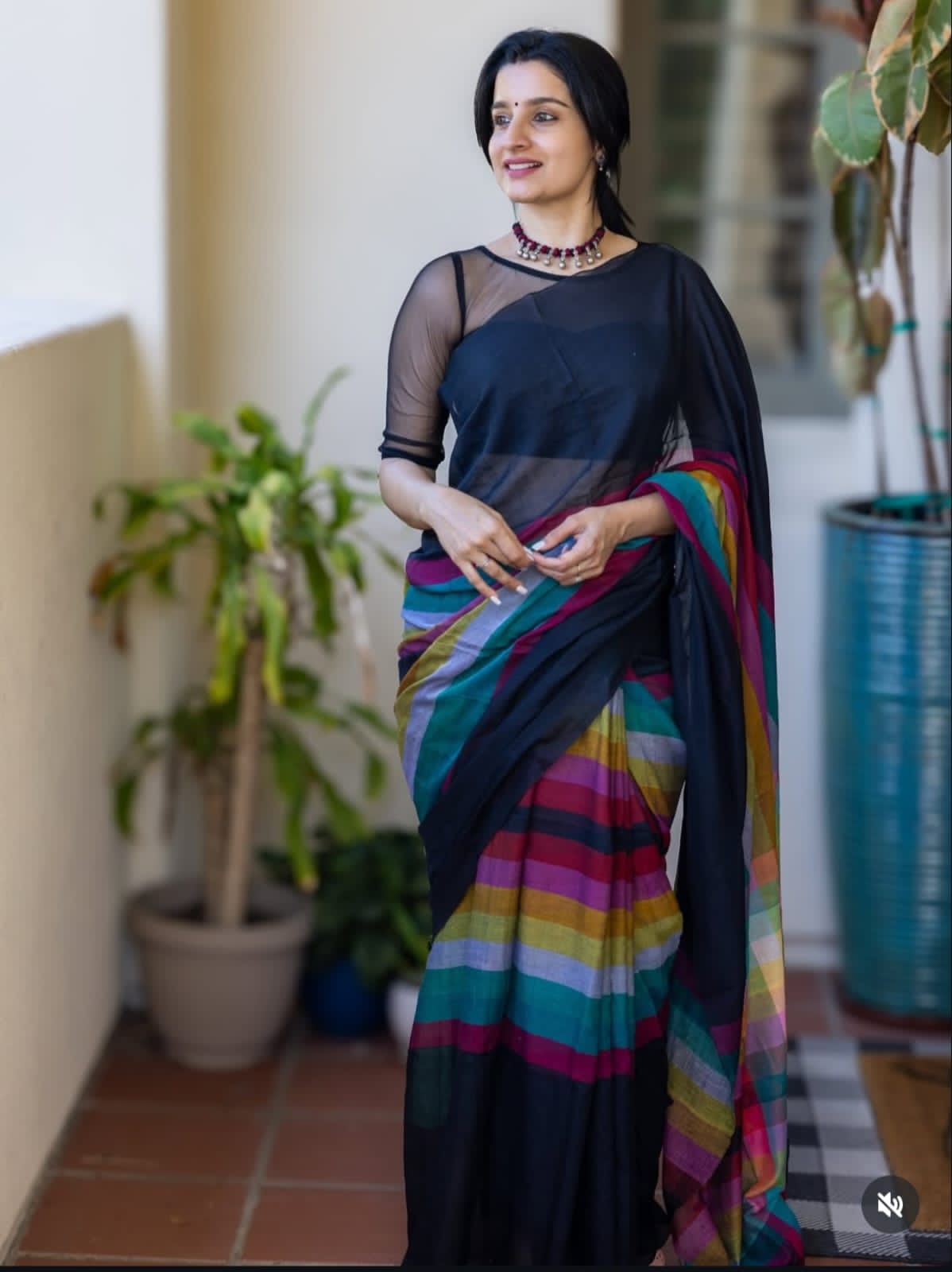 Women’s Black rainbow linen saree with digital line print and tassels – lightweight breathable designer saree for parties, office wear and festive occasions