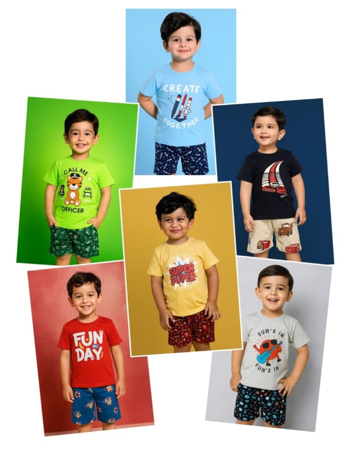 Boys Premium Cotton Printed Navy Blue T-Shirt & Shorts Set | Summer Kidswear | Fun Graphic Tees & Comfy Shorts