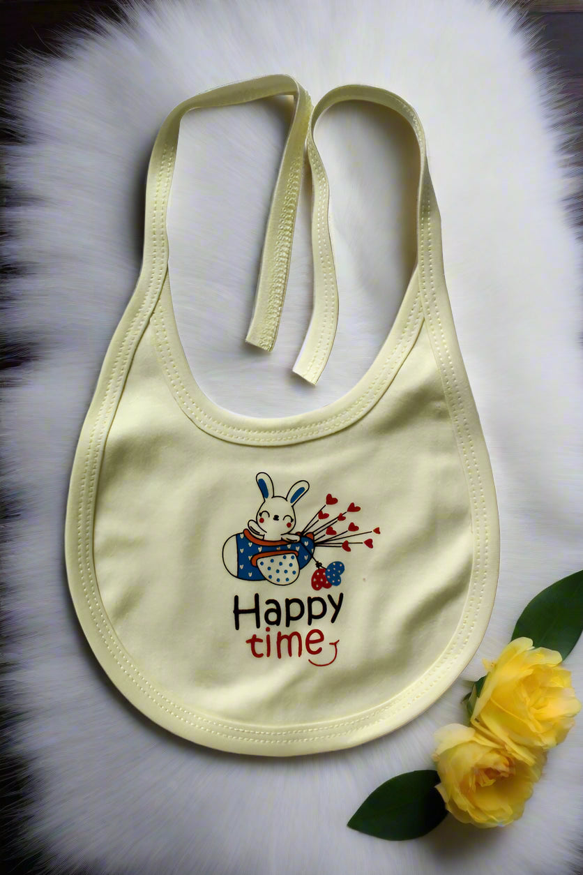Soft Yellow cotton baby bib with cartoon train print and tie-up straps for newborn feeding