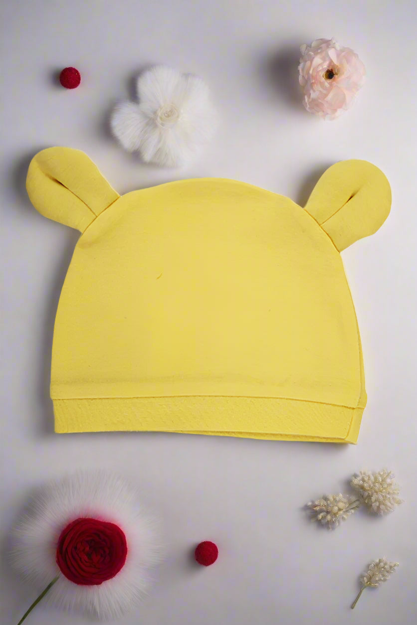 Premium cotton rabbit cap for infants in yellow – baby beanie with cute ears for newborns 0 to 12 months