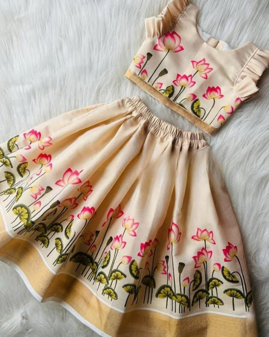 Kerala Kasavu tissue cotton pichwai lotus digital printed pattu pavadai Lehanga choli for girls