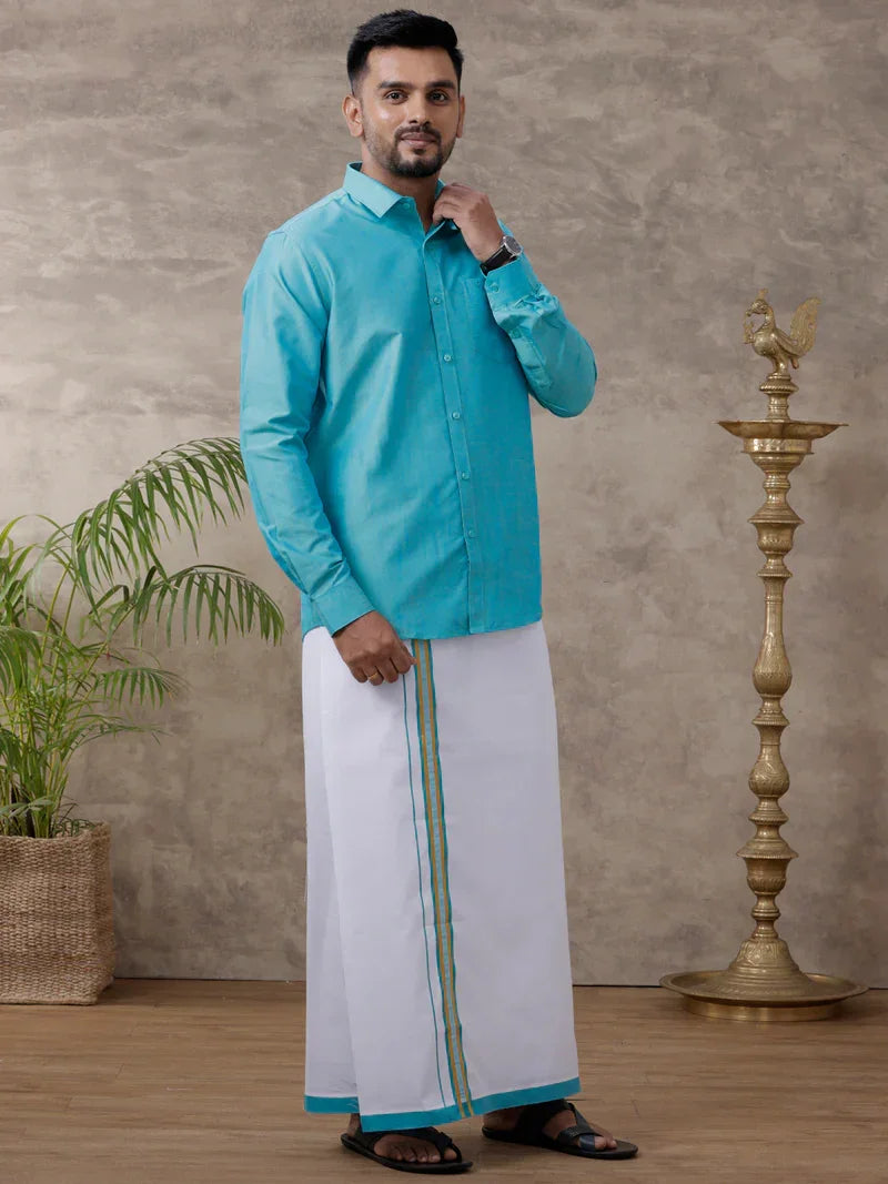 Traditional South Indian Men’s Dhoti and Shirt Set for Wedding and Festivals