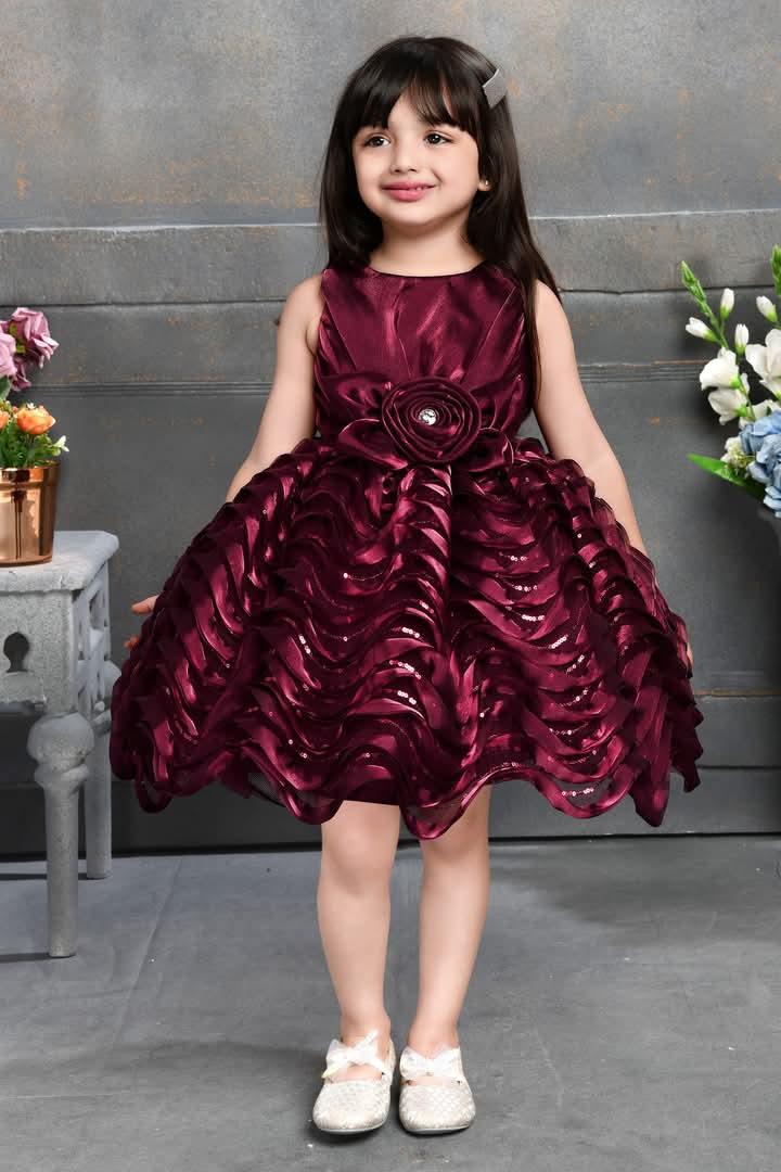 Girls party frock featuring vibrant colors with sequins, lace, ruffle details in soft, comfortable fabric perfect for birthdays, weddings, festive occasions, aspecial events stylish and twirl-worthy ethnic and western fusion party dress for young girls