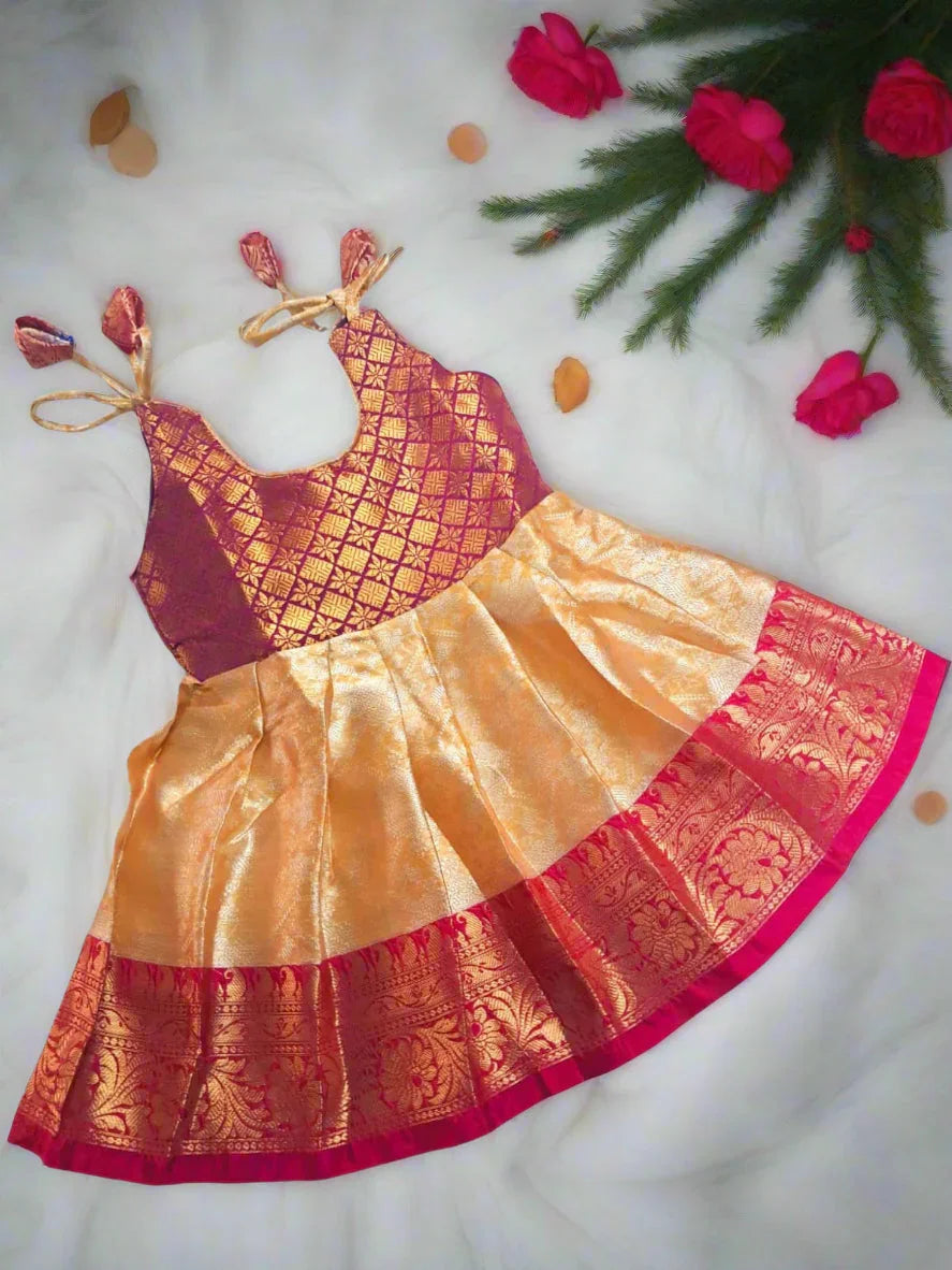 Baby Girls Traditional premium Chanderi silk frock with banarasi jacquard top with tieups best for weddings and parties