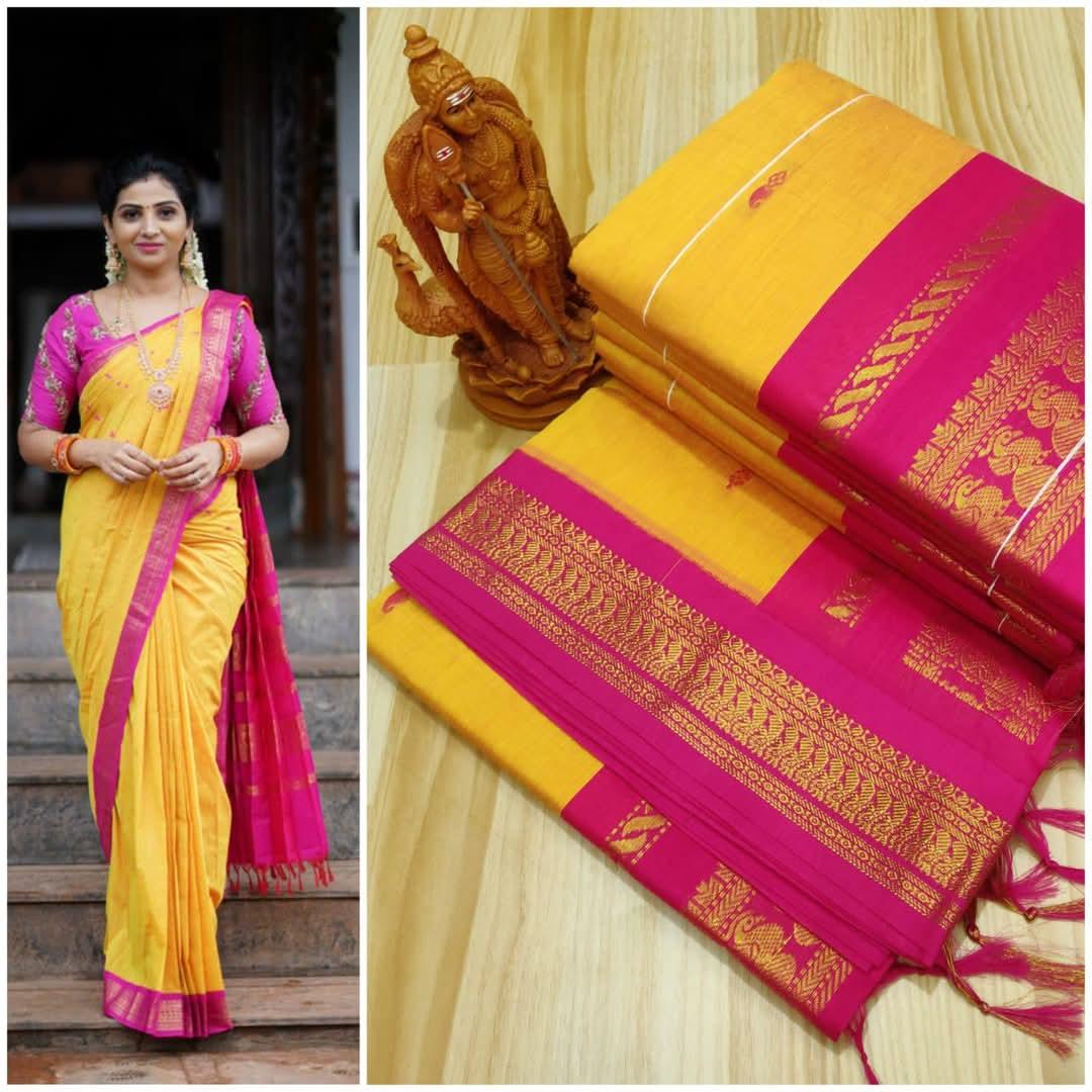 Traditional Gadwal and Kalyani cotton saree in vibrant color with simple zari border