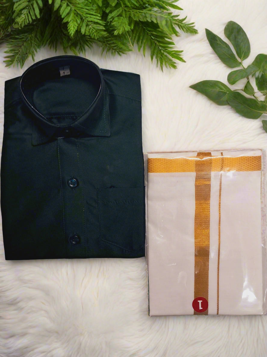 Boys traditional outfit with Bottle Green shirt and white dhoti featuring gold border – South Indian ethnic wear set for kids