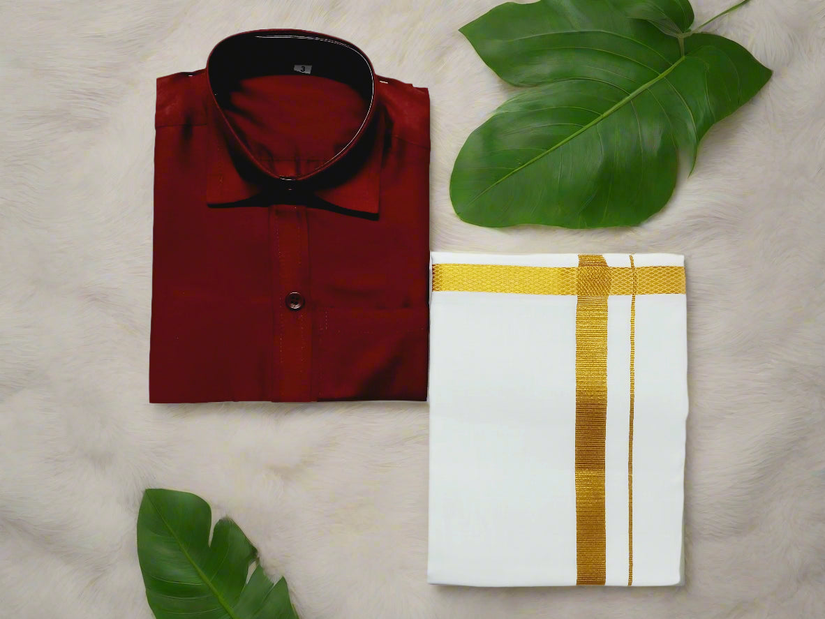 Boys traditional outfit with maroon shirt and white dhoti featuring gold border – South Indian ethnic wear set for kids