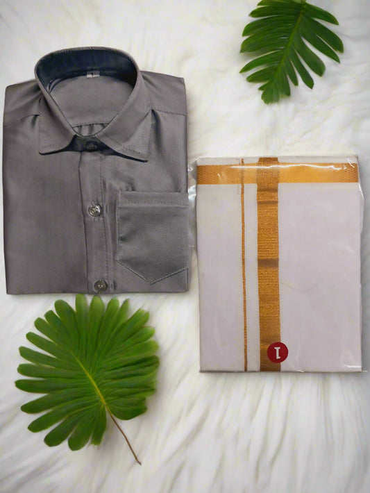 Boys traditional outfit with Grey shirt and white dhoti featuring gold border – South Indian ethnic wear set for kids