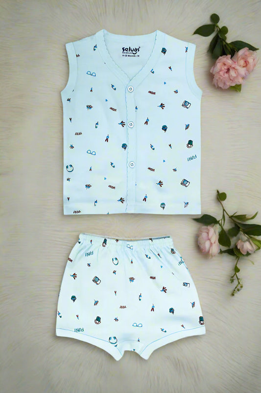 Baby boys Blue cotton printed sleeveless vest and shorts set for 0-3 months with fun summer prints