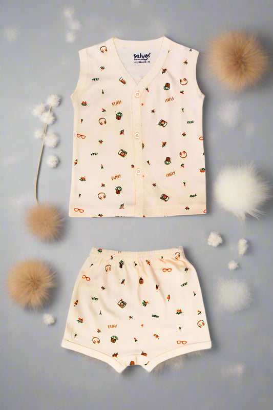 Baby boys Peach cotton printed sleeveless vest and shorts set for 6–12 months with fun summer prints